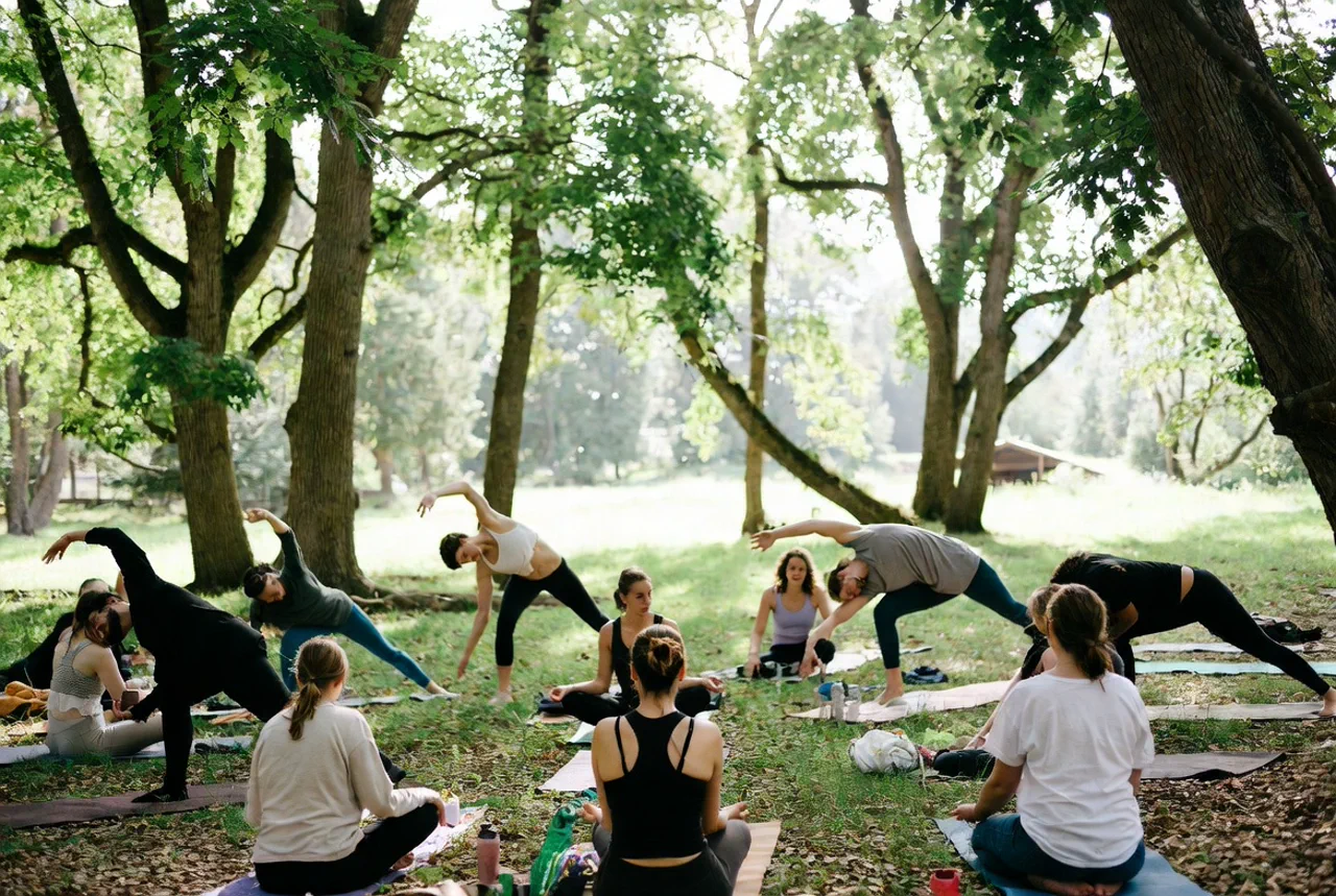 Gruppe beim Yoga in einem schönen Wald während eines Camping-Retreats